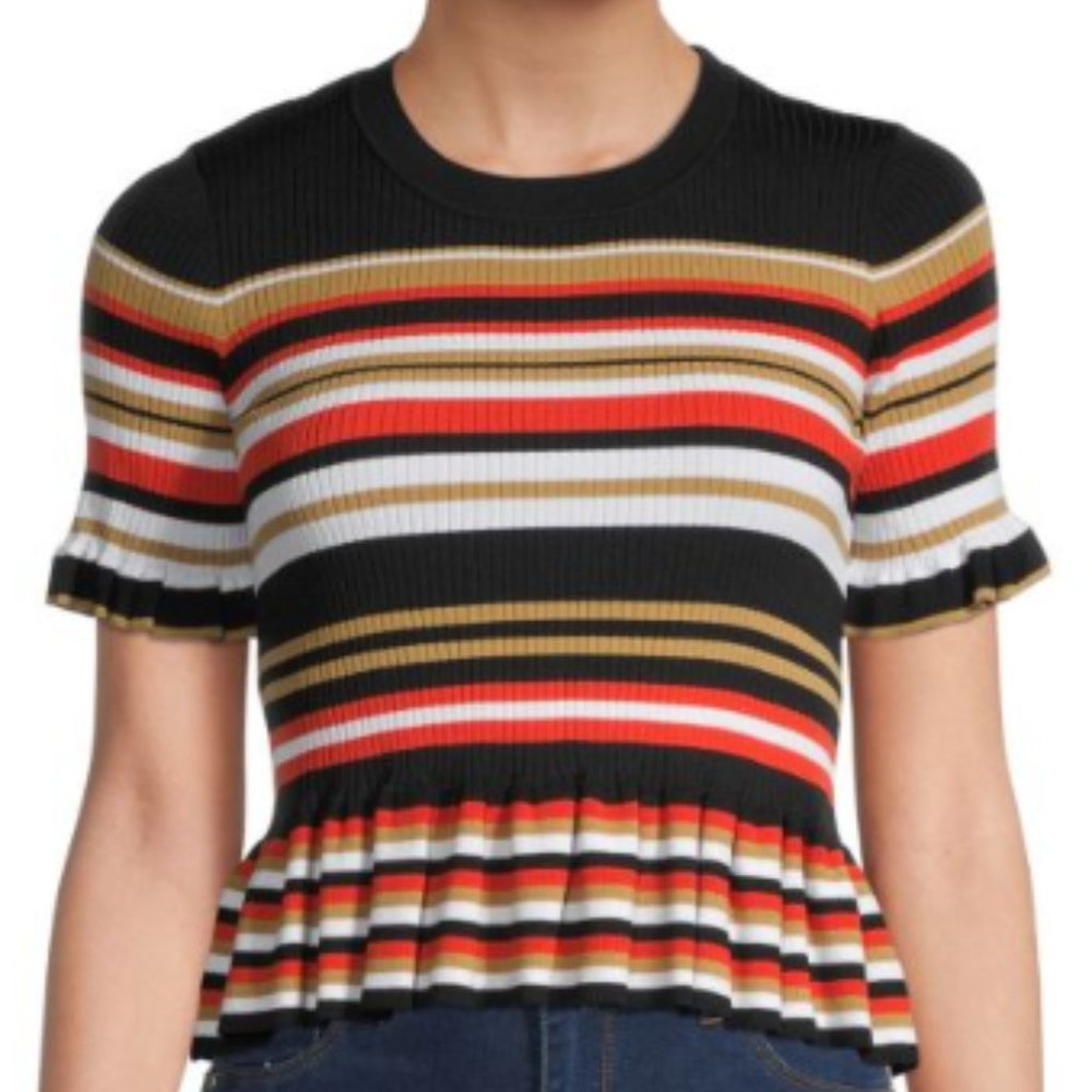 Cinq a Sept | Milly Striped Rib-Knit Peplum Sweater | Size M